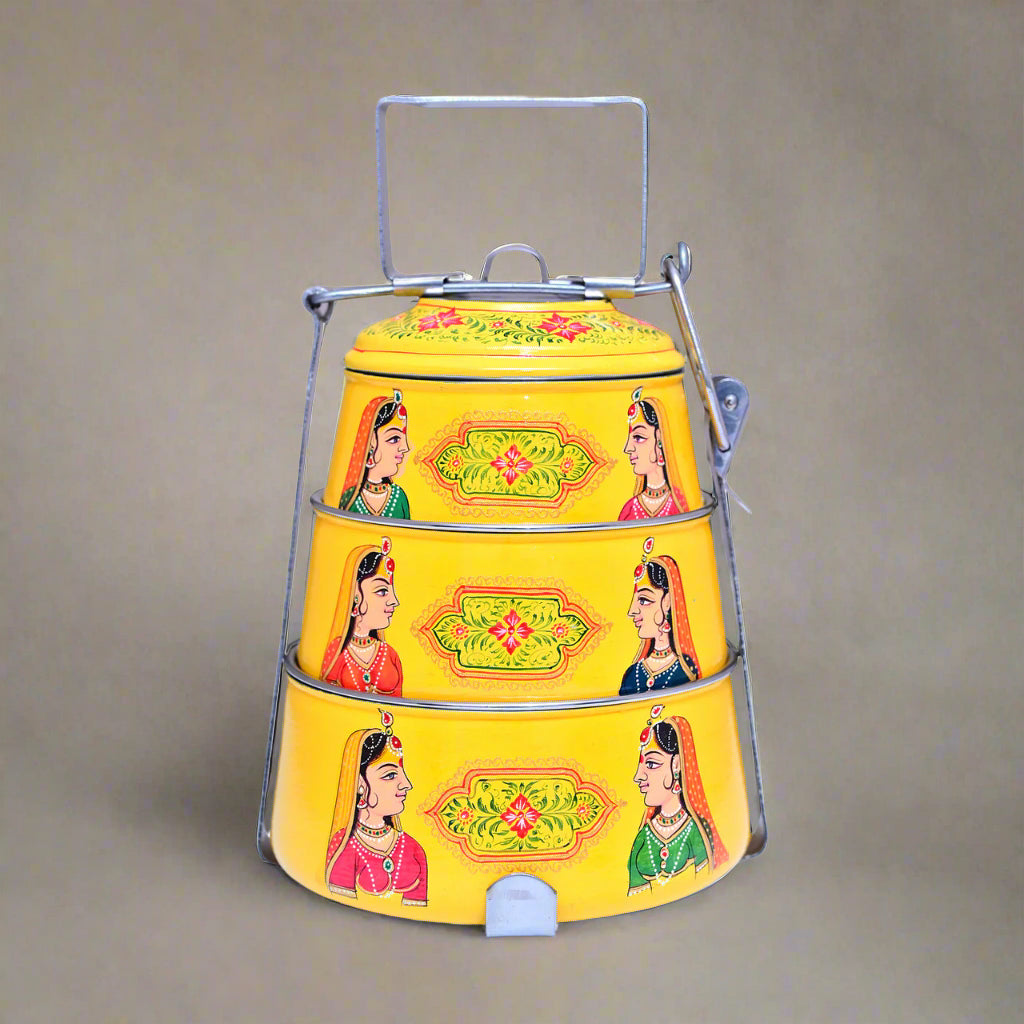 Hand-Painted 3-Tier Stainless Steel Lunch Box – princess yellow Design Eco-Friendly & Artistic Food Carrier